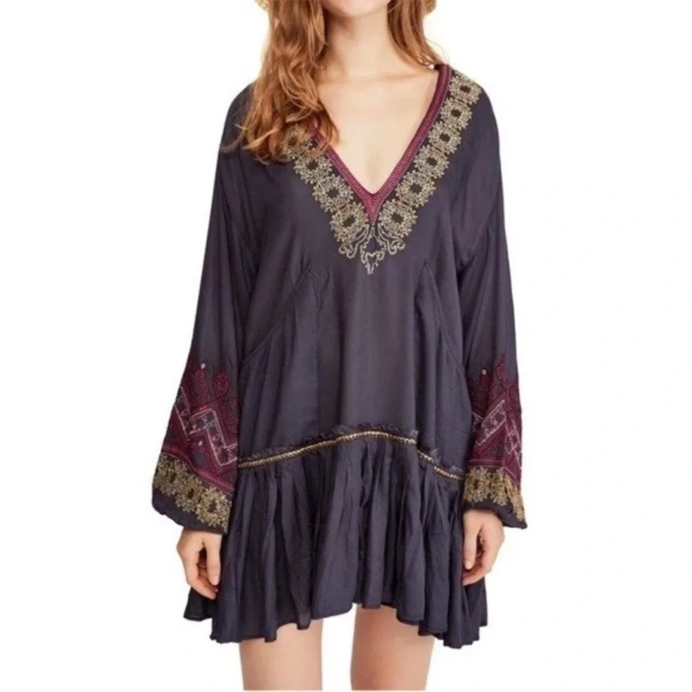 Free People Wild One Embroidered Mini Dress Long Sleeve V-Neck Black Sz XS Boho